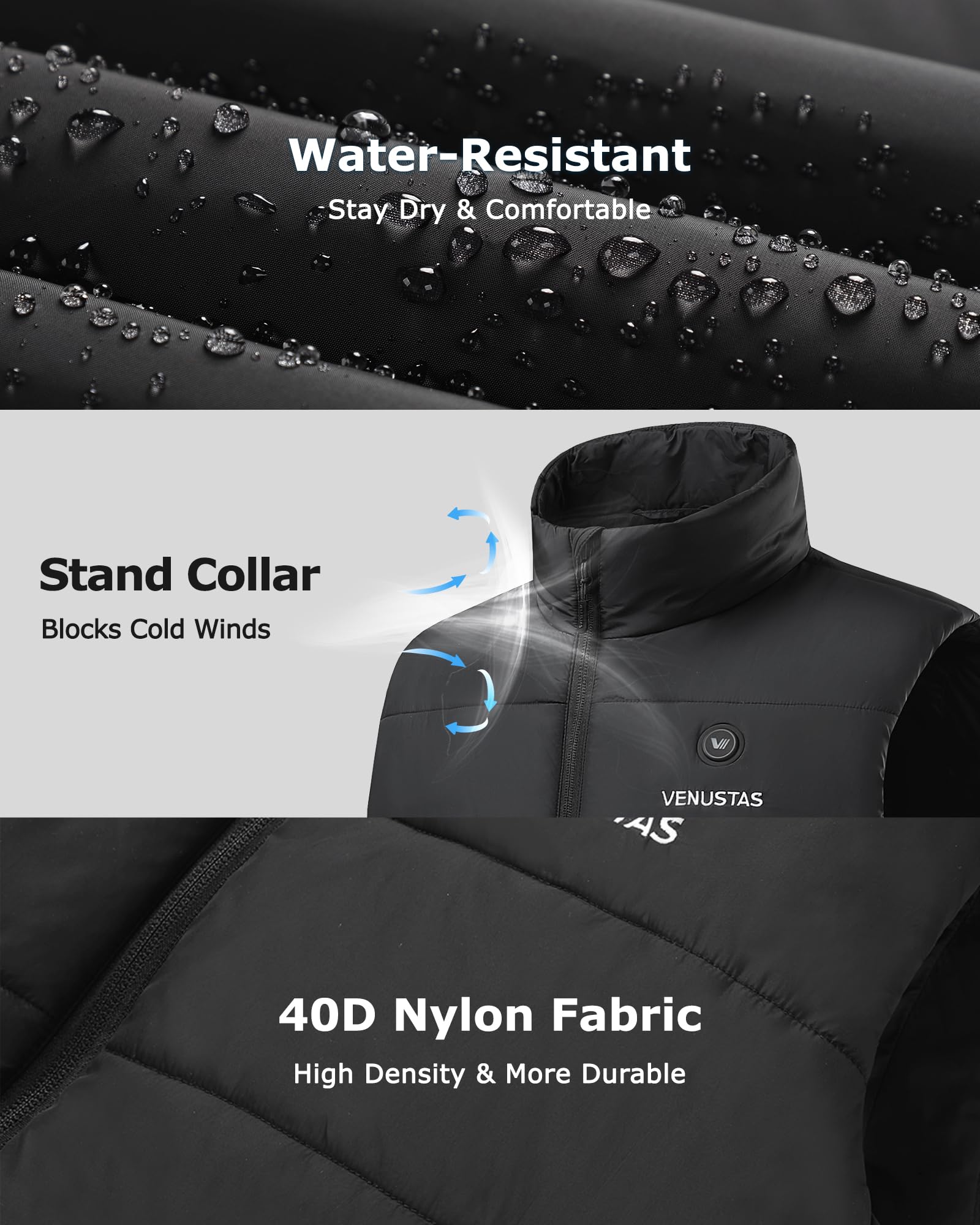Venustas heated vest USB-C port supports versatile charging options
