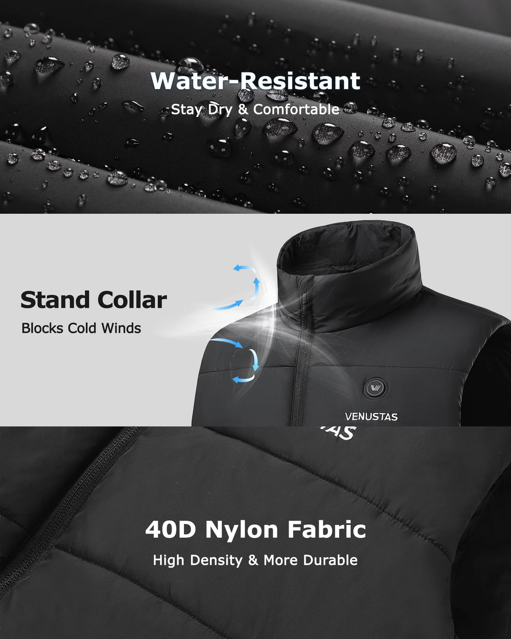 Venustas heated vest USB-C port supports versatile charging options