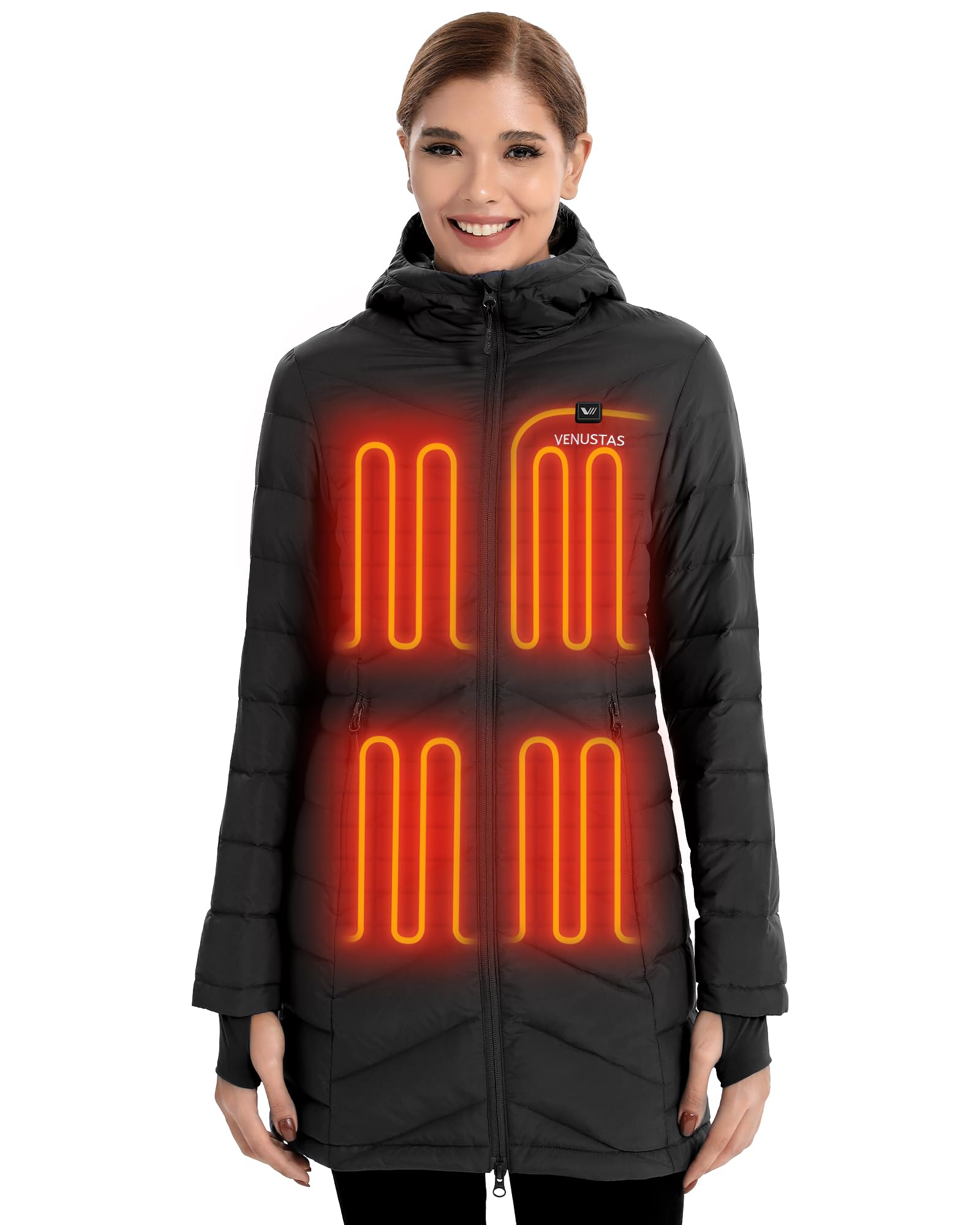 Venustas women's long heated-down jacket front view highlighting slim quilt and core warmth