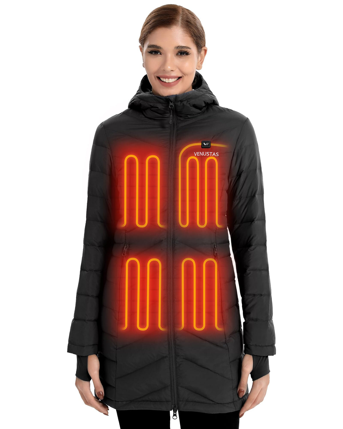 Venustas women's long heated down jacket front view shows wind-blocking warmth and sleek silhouette.