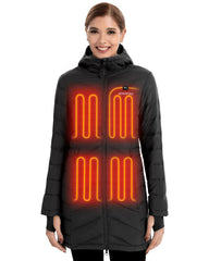 Venustas women's long heated down jacket front view shows wind-blocking warmth and sleek silhouette.