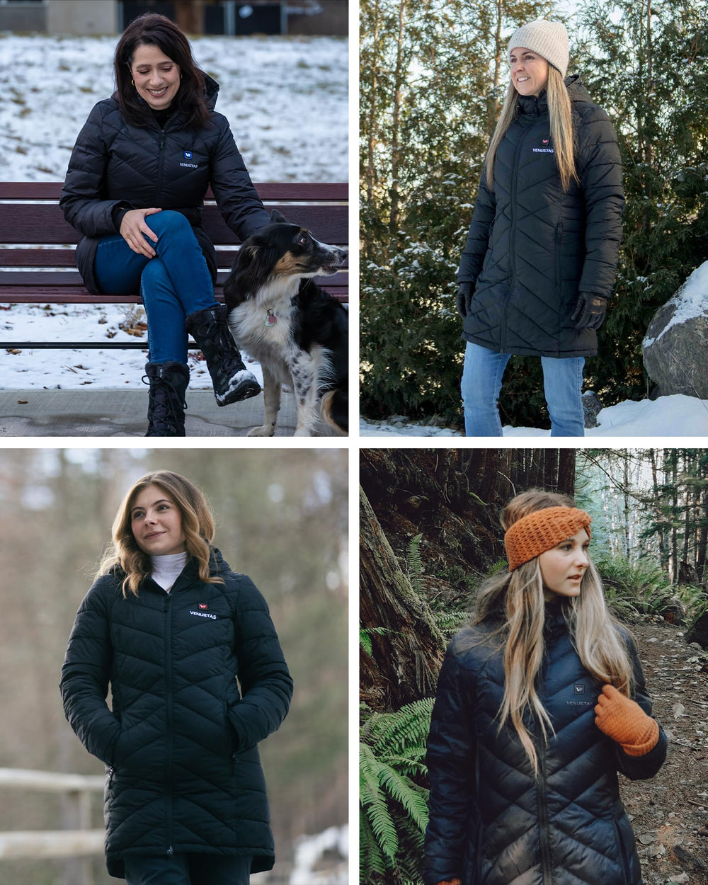 Venustas heated jacket side view highlights mid-length coverage and cold-weather versatility.