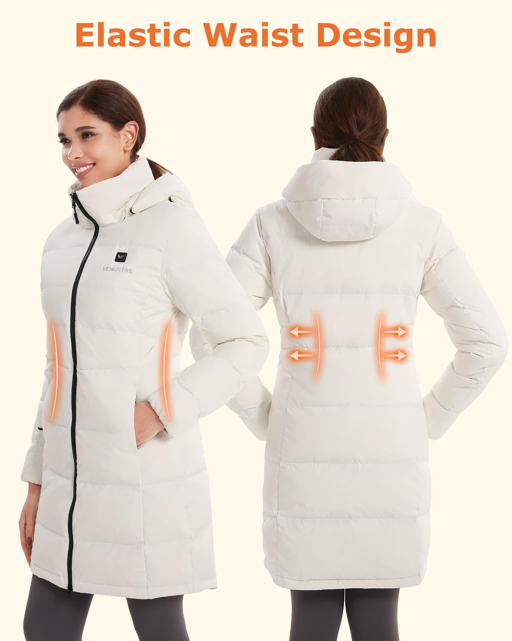 Venustas women's recycled-down heated jacket back view with slim-fit silhouette