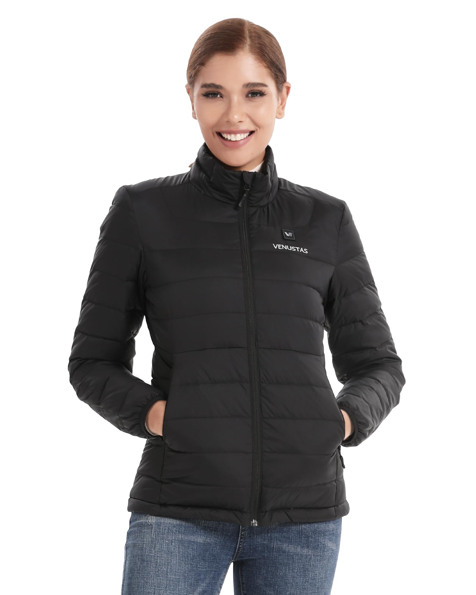 Venustas women's recycled heated down jacket side view showcasing adjustable hem and fit.