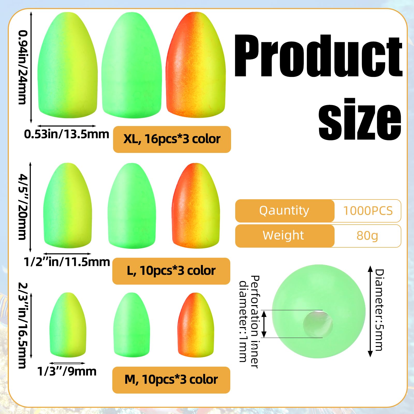 1000 glow fishing beads in multiple colors