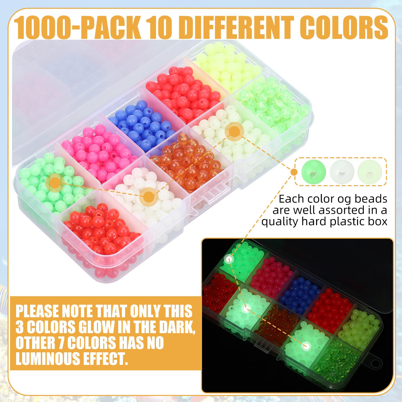 Glow beads visible at night for fishing