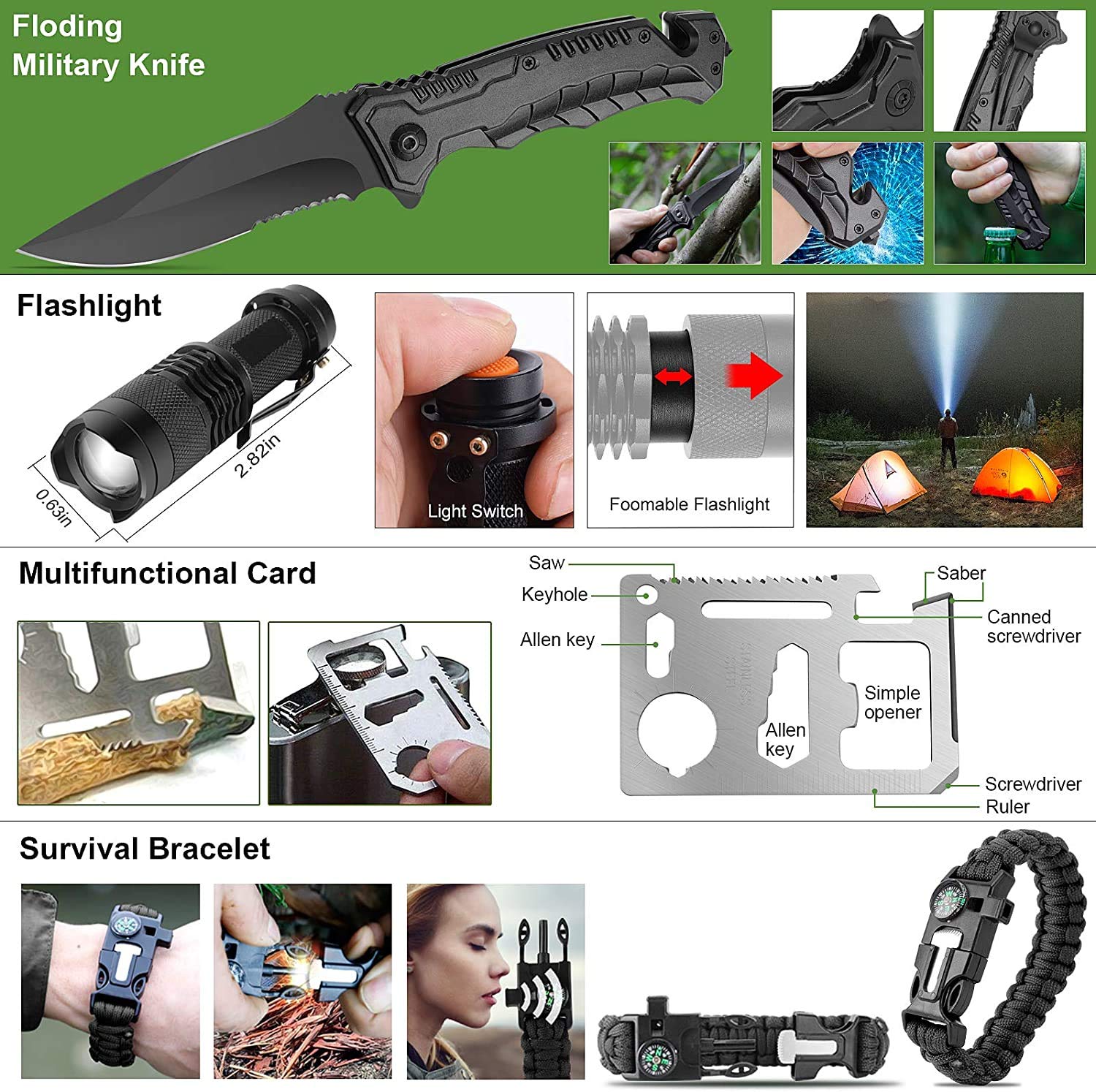 Verifygear survival tools set with bracelet, saw and flashlight for versatile outdoors