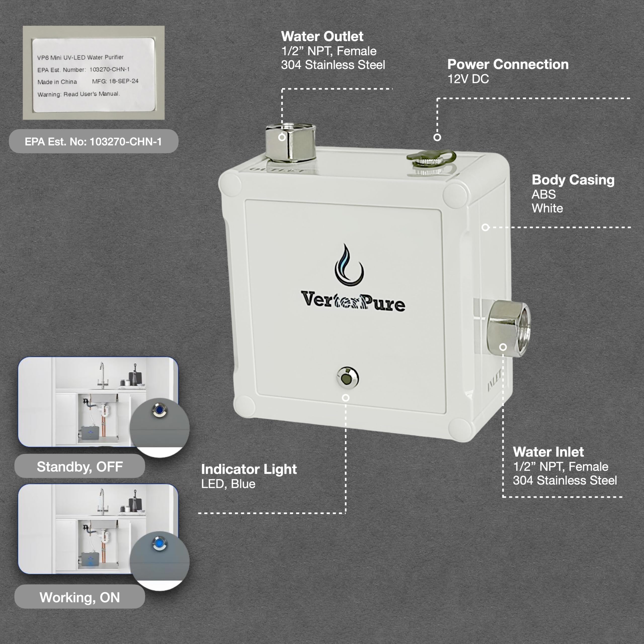 VerterPure VP6 Mini mercury-free label supports eco-friendly purification.