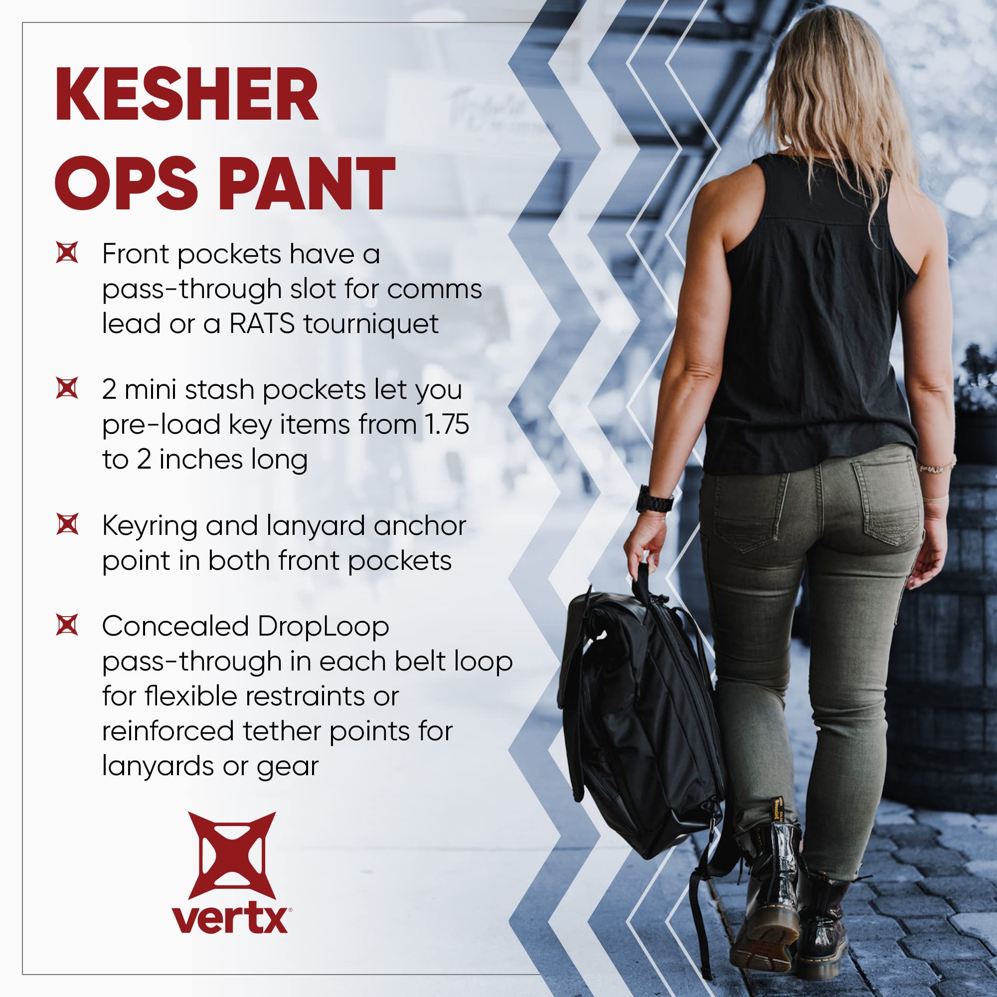 Vertx Kesher front pocket with pass-through slot supports comms lead use