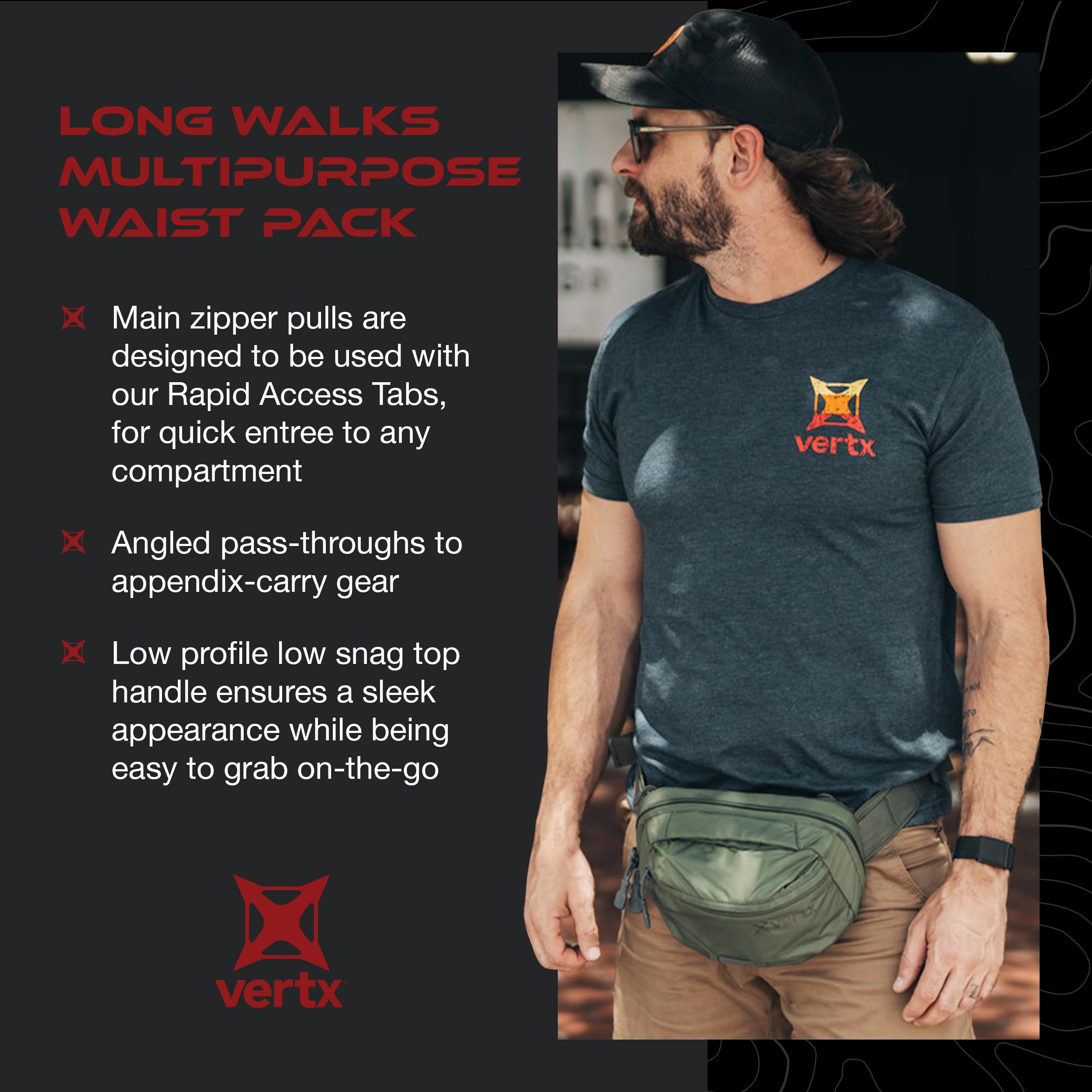 Vertx Long Walks waist pack organization close-up, keeps essentials within reach.