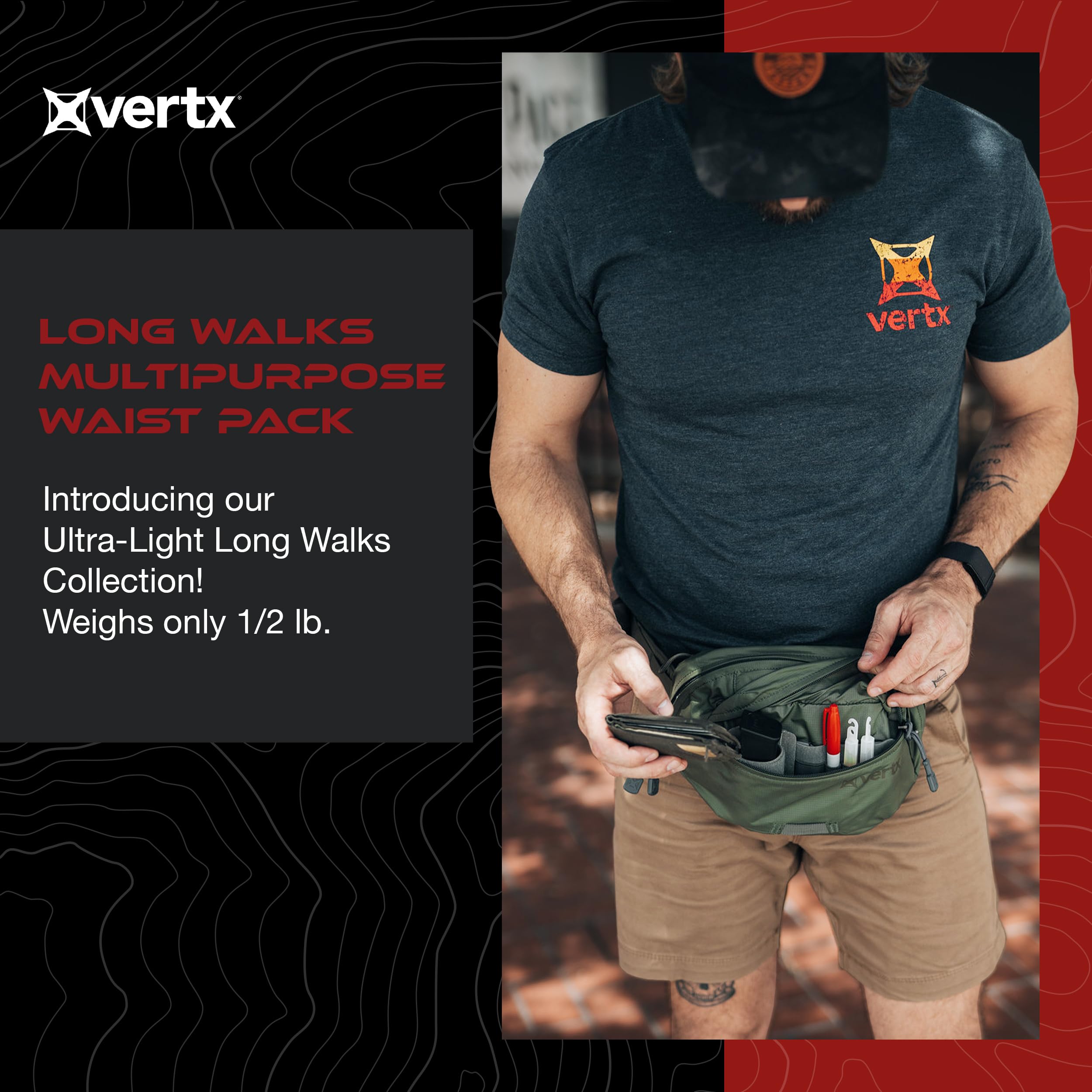 Vertx Long Walks waist pack side view, compact yet organized for trails.
