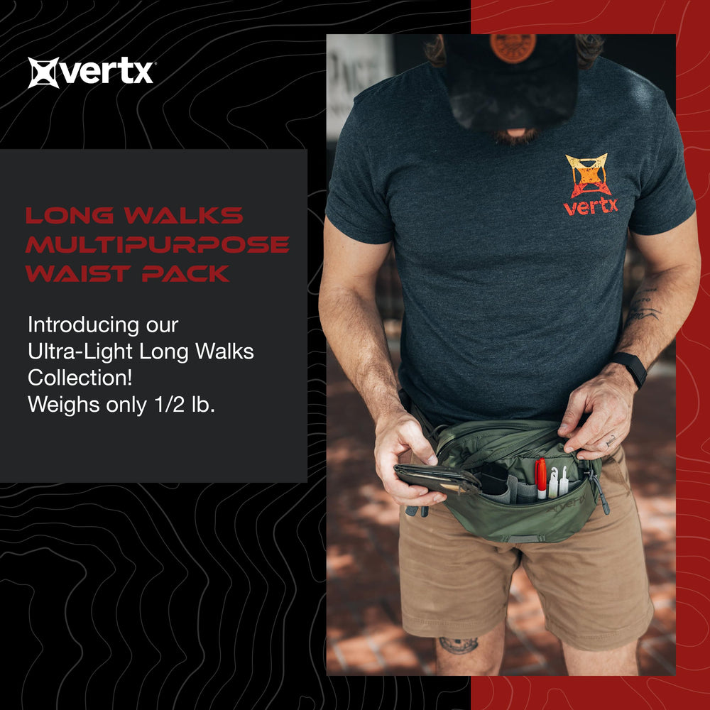 Vertx Long Walks waist pack side view, compact yet organized for trails.