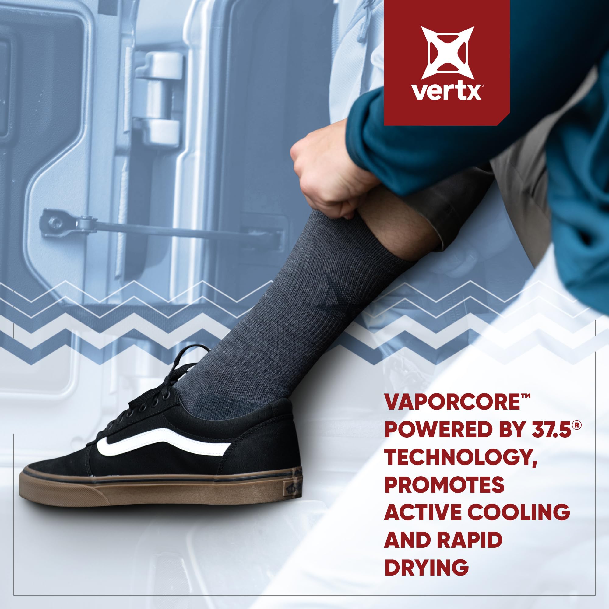 Vertx VaporCore 10in crew socks emphasizing odor control and moisture management.
