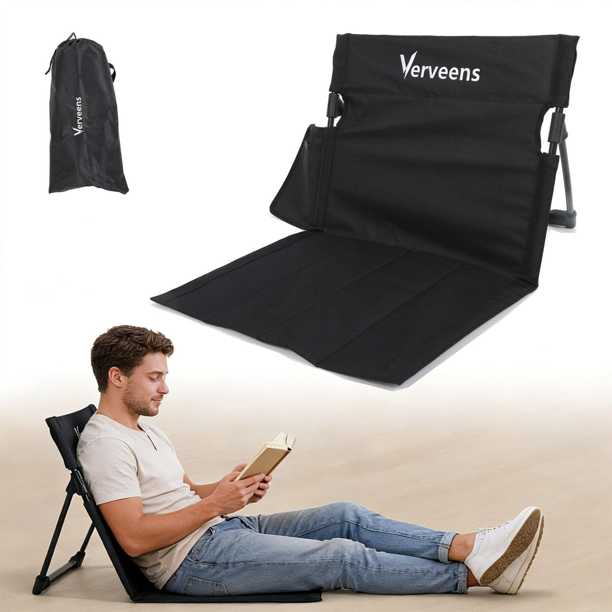Verveens extra-large foldable camping chair with cup holder provides ample seating for outdoor adventures.