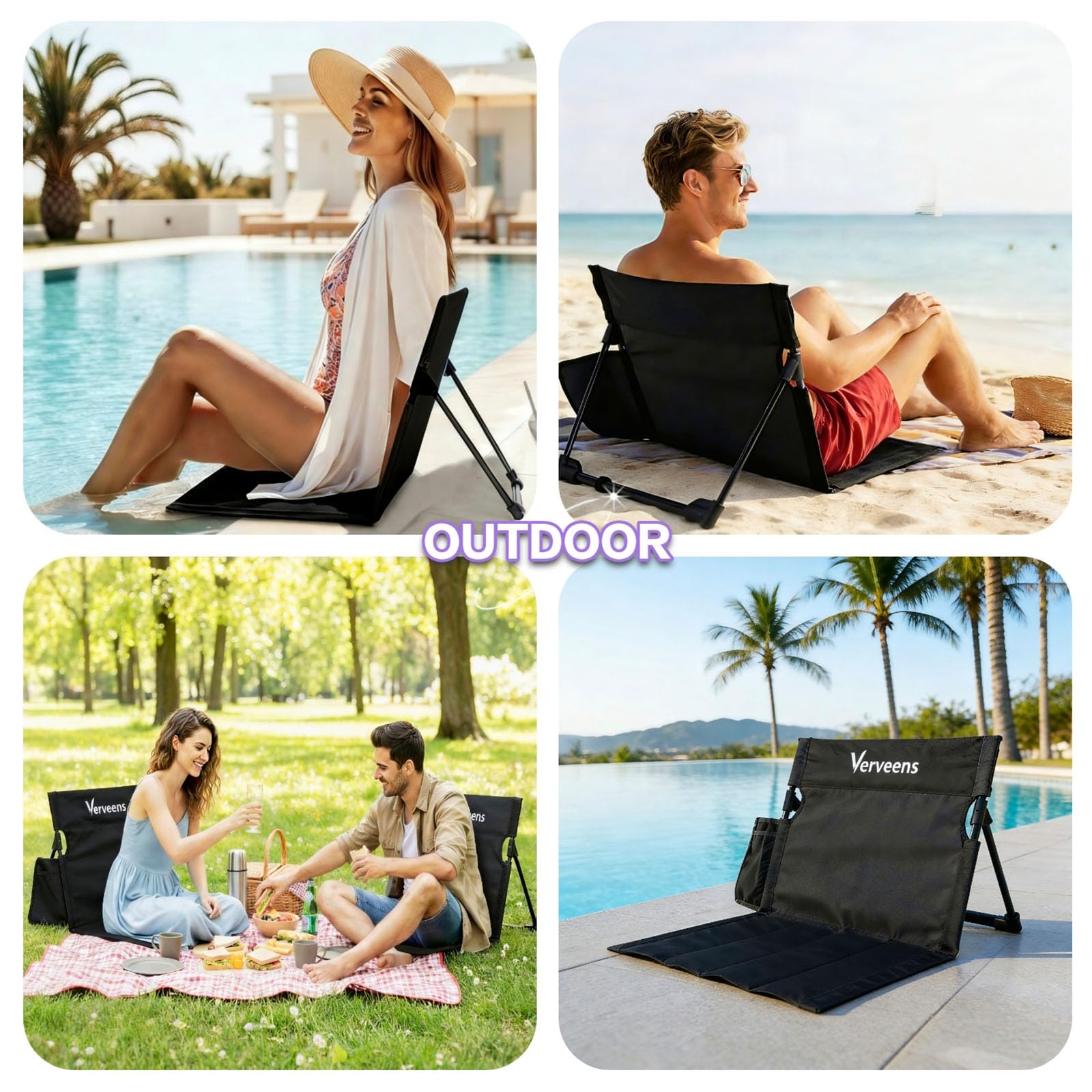 Verveens water-resistant fabric cleans quickly after sand, spills, or dirt during outings.