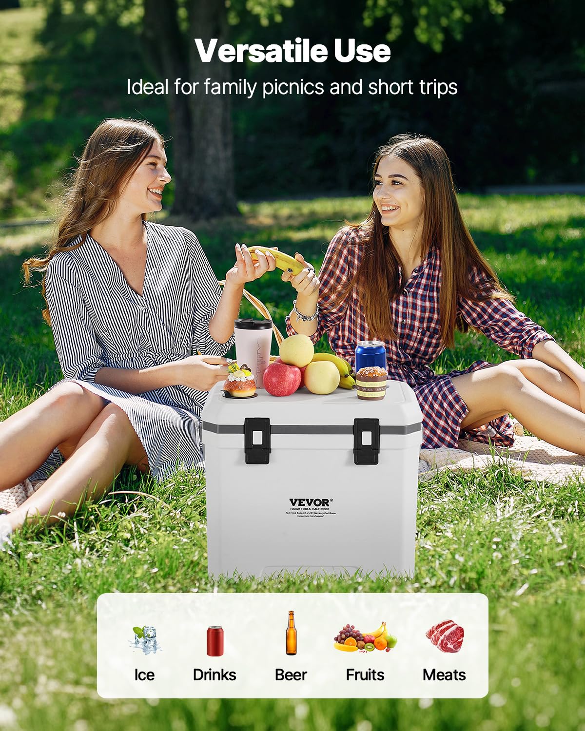 VEVOR 38QT cooler cup-holders illustrate built-in holders for beverages during trips