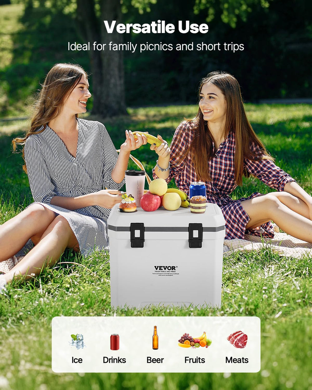 VEVOR 38QT cooler cup-holders illustrate built-in holders for beverages during trips