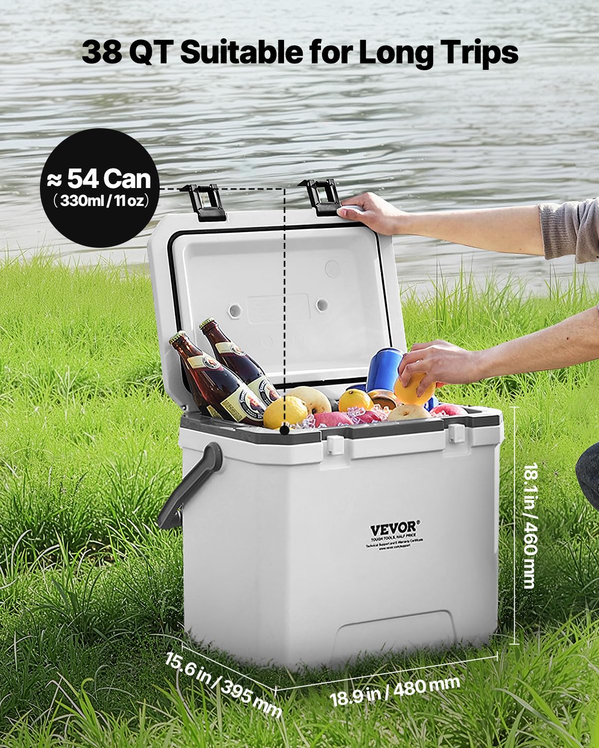 VEVOR 38QT cooler open inside showcases organized storage for beverages and snacks during picnics