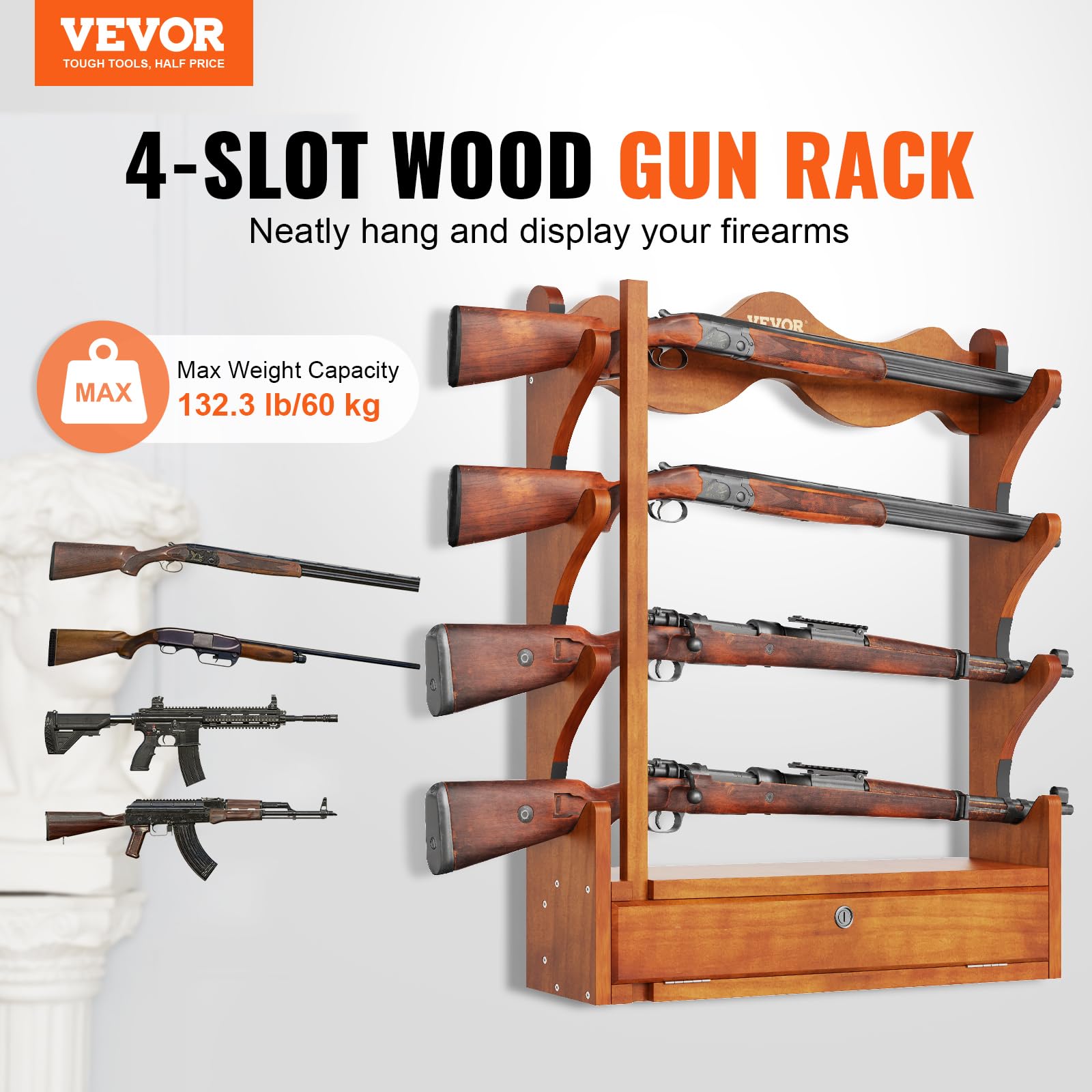 Rack shows four slots for rifles or shotguns