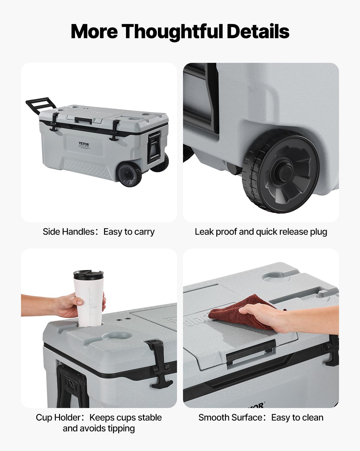 VEVOR 74QT cooler cup holder area keeps drinks within reach.