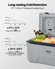 VEVOR 74QT cooler with ice and cans inside demonstrates ample storage.
