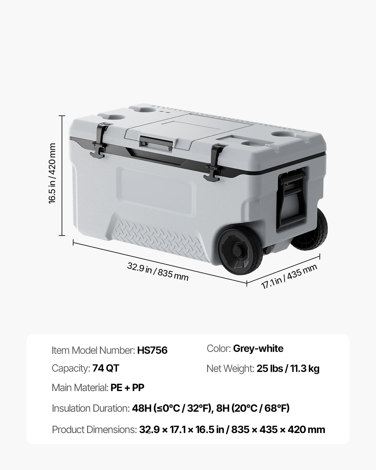 VEVOR 74QT cooler lid open shows organized interior.