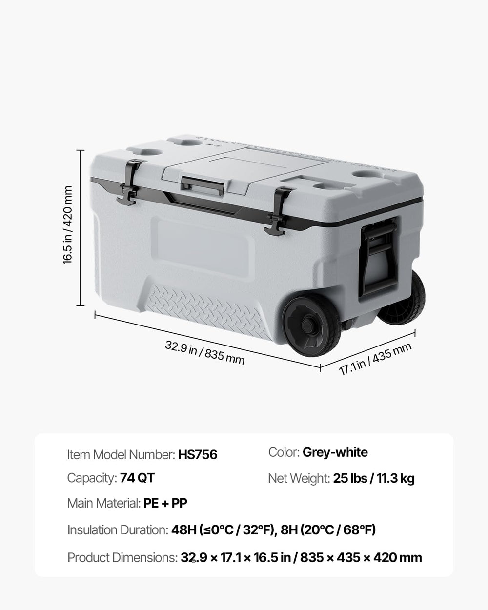 VEVOR 74QT cooler lid open shows organized interior.