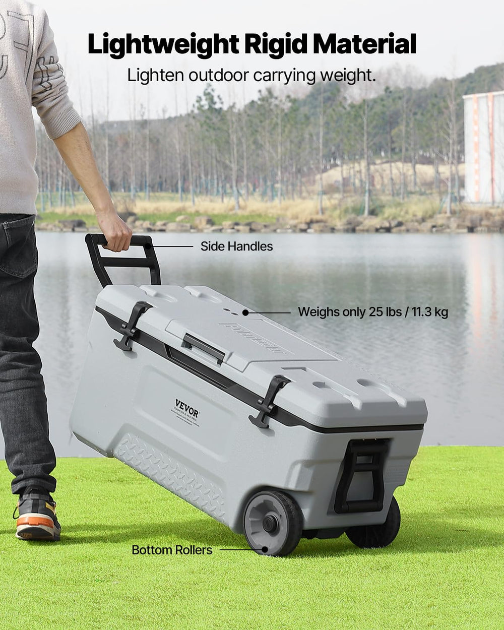 VEVOR 74QT cooler side handle demonstrates easy lifting and transport.