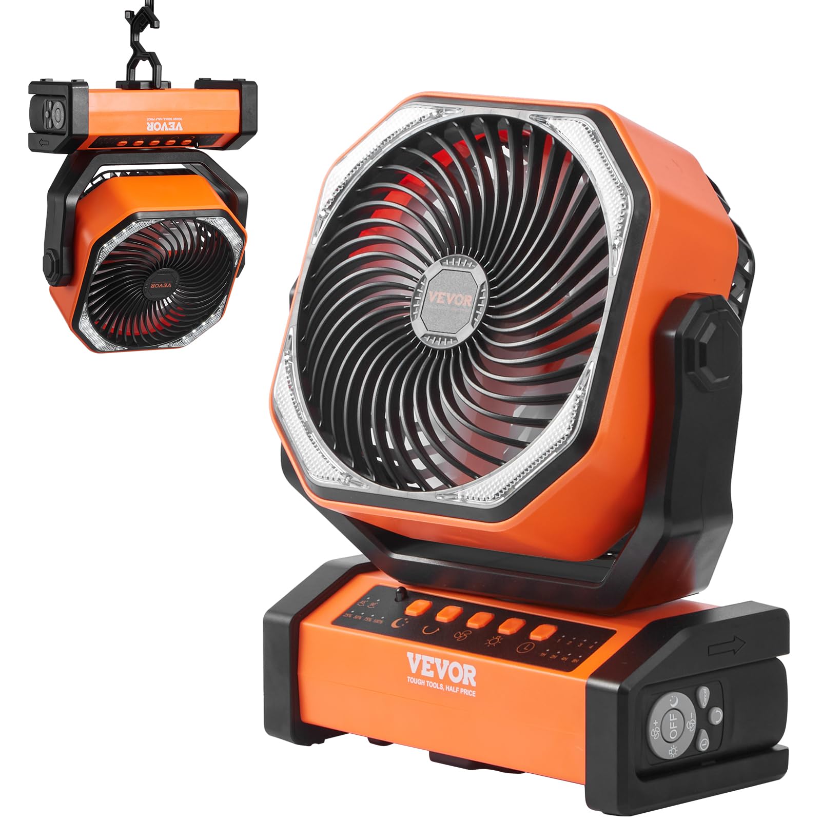 VEVOR 9-inch camping fan with LED light for cooler tent nights.