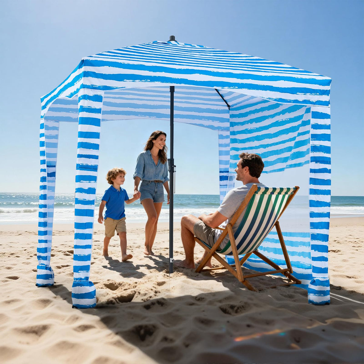 VEVOR Beach Cabana 6x6 ft shading two people with convenient storage pockets.