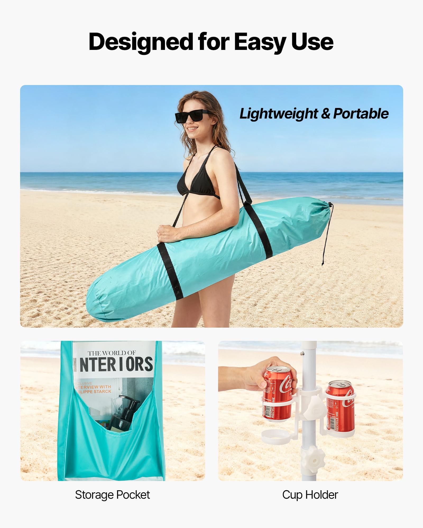 VEVOR Beach Cabana cup holders and pockets keep essentials nearby.