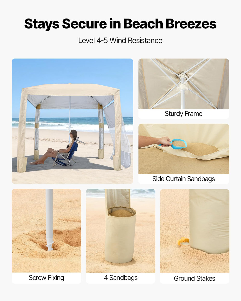 VEVOR Beach Cabana cup holders and storage pockets keep essentials close.