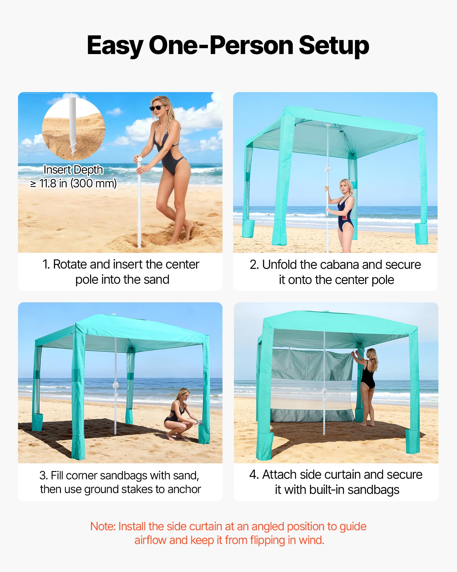VEVOR Beach Cabana sand pockets anchor securely on sand.