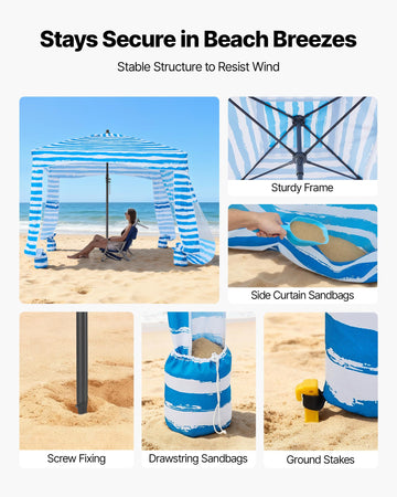 VEVOR Cabana sand pockets secure the frame on windy beach days.