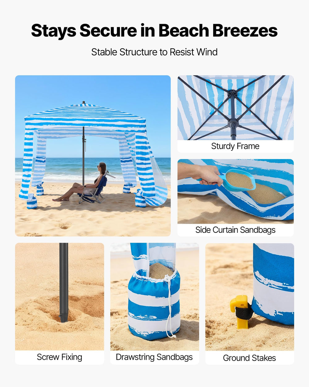 VEVOR Cabana sand pockets secure the frame on windy beach days.