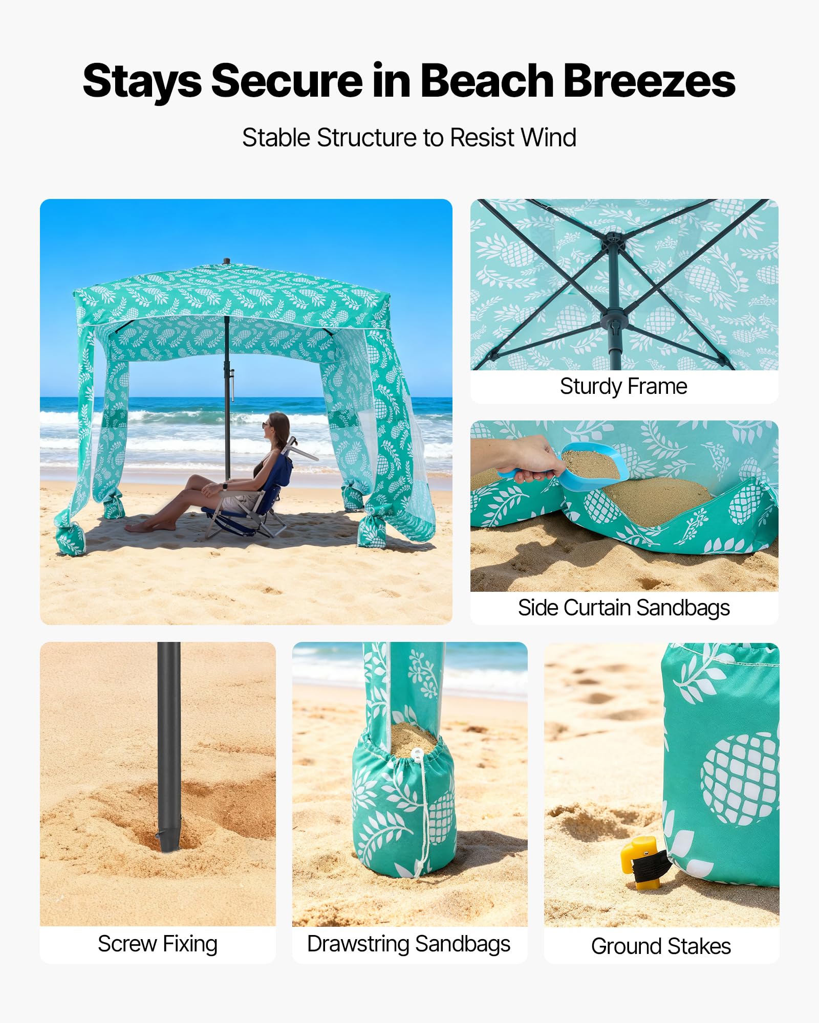 VEVOR Beach Cabana with UPF 50+ fabric delivers sun protection and comfort.