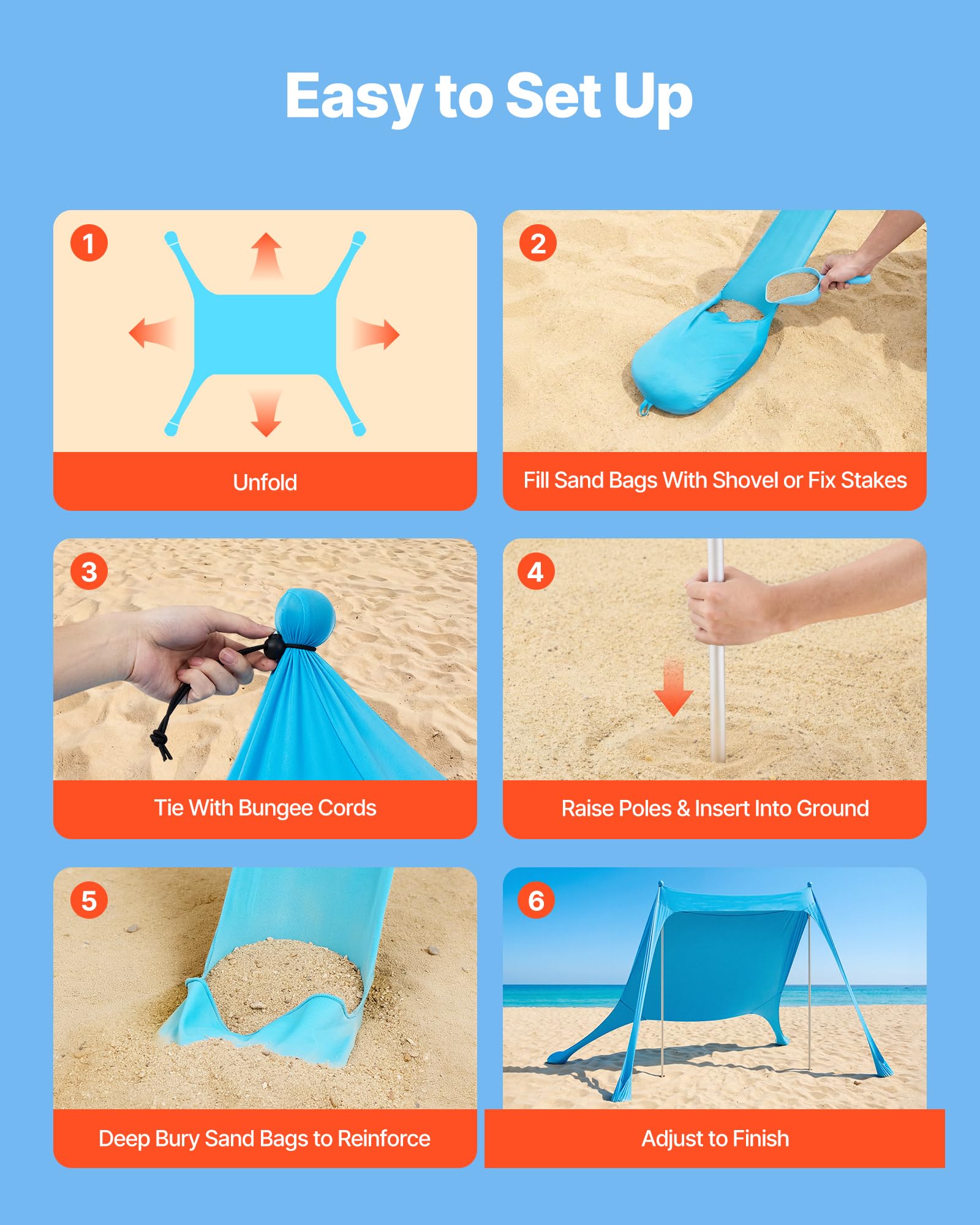 VEVOR beach tent aluminum poles provide sturdy support.