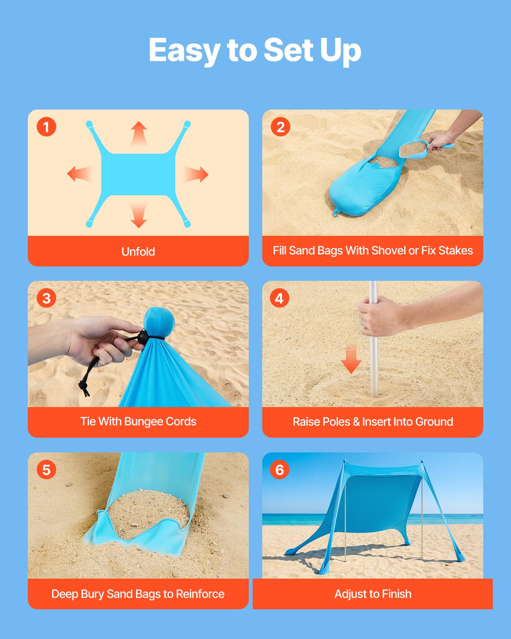 VEVOR beach tent aluminum poles provide sturdy support.