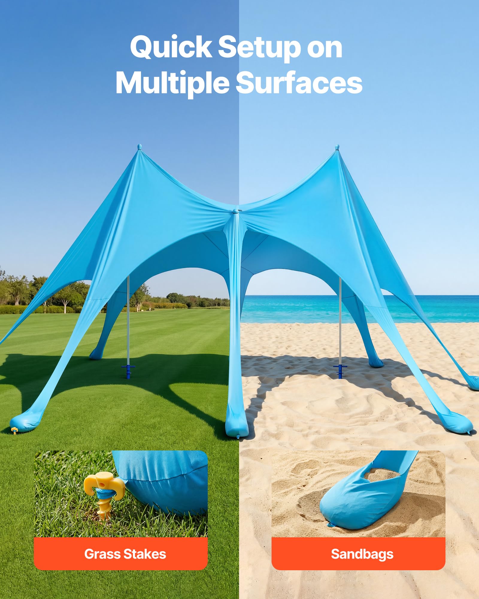 VEVOR Beach Tent anchoring options for sand and grass