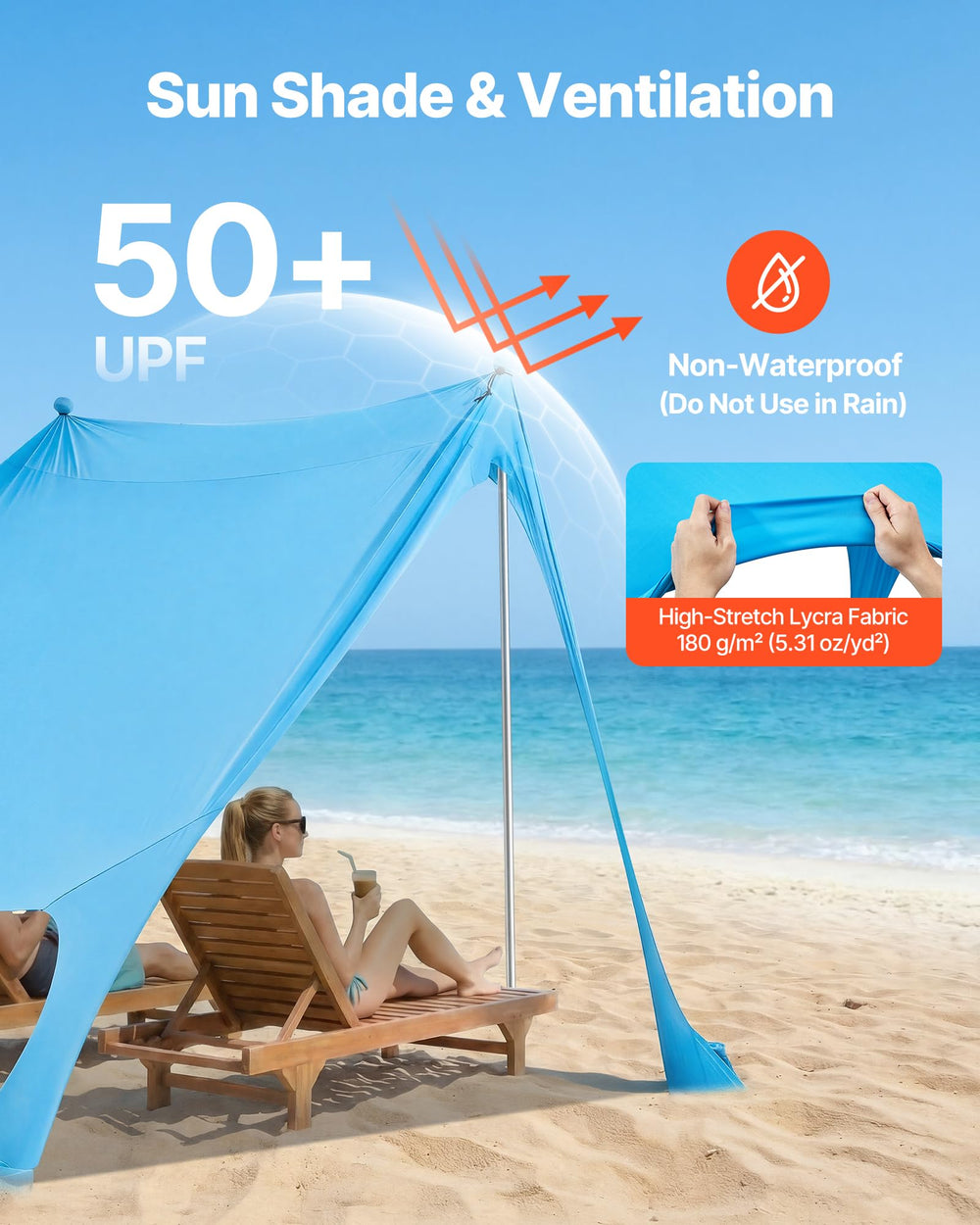 VEVOR beach tent height 6.6 ft provides comfortable headroom.