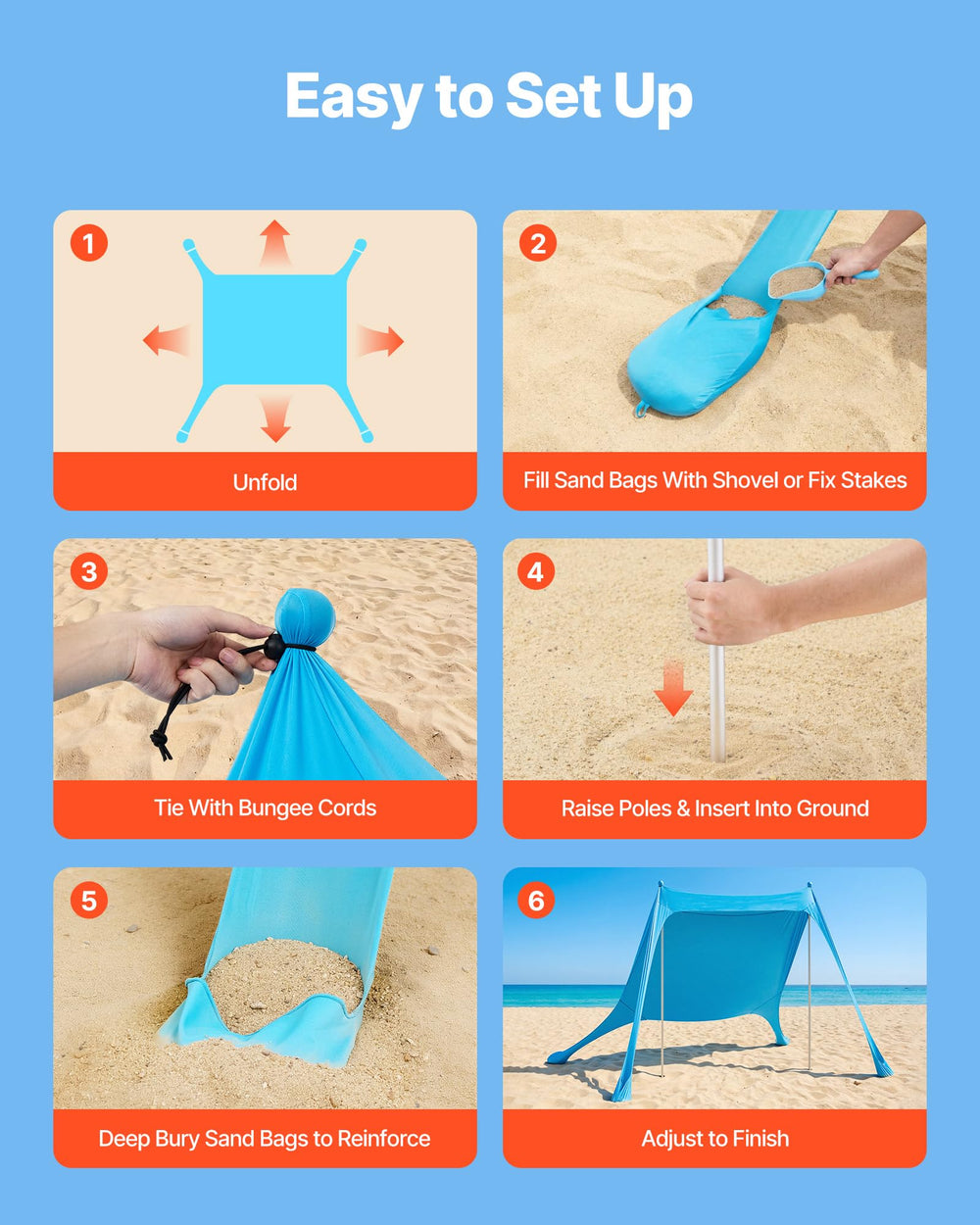 VEVOR Beach Tent includes sand shovels for quick anchoring