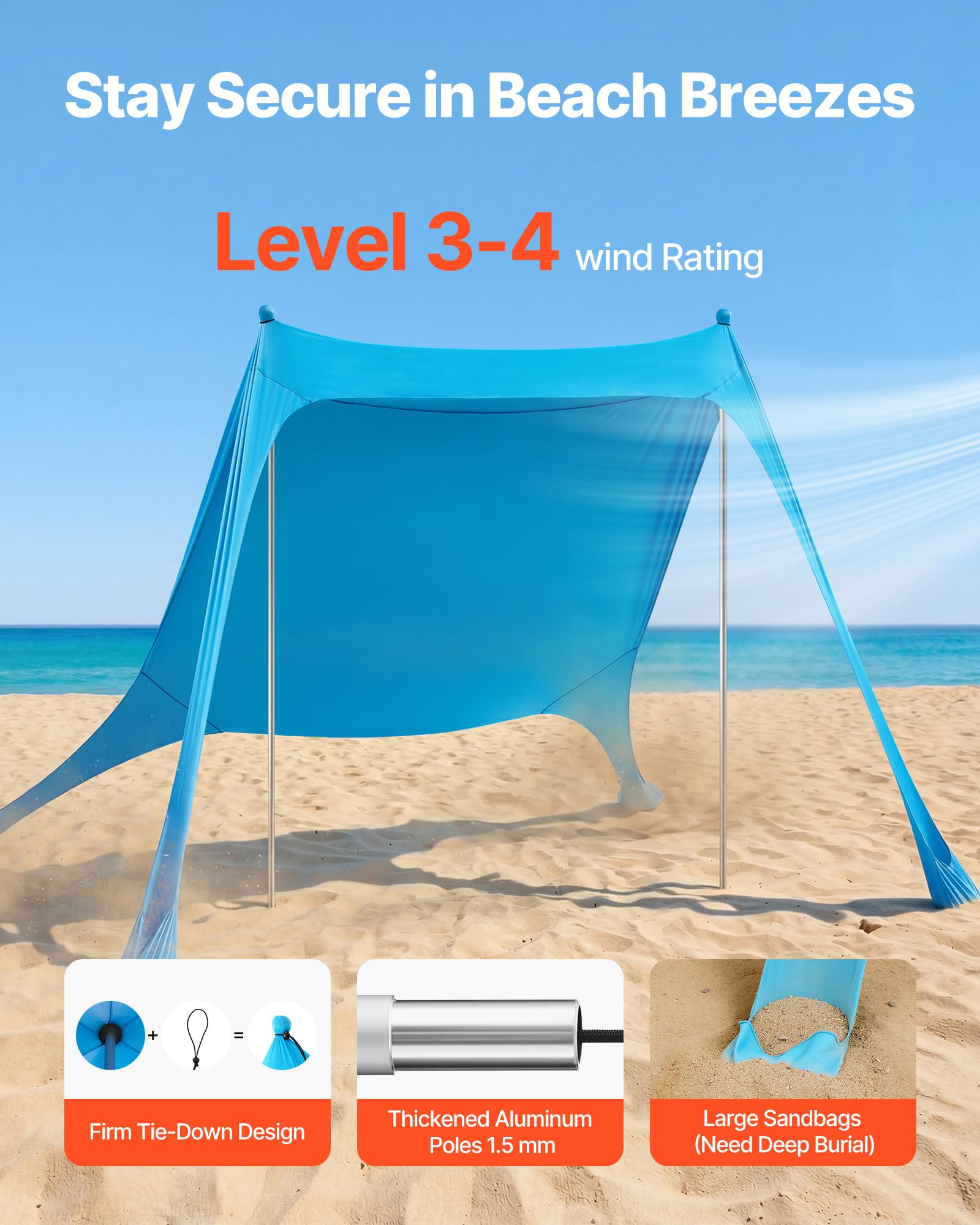 VEVOR beach tent 7.5x7.5 ft shade area for 2–4 people.