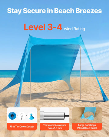 VEVOR beach tent 7.5x7.5 ft shade area for 2–4 people.
