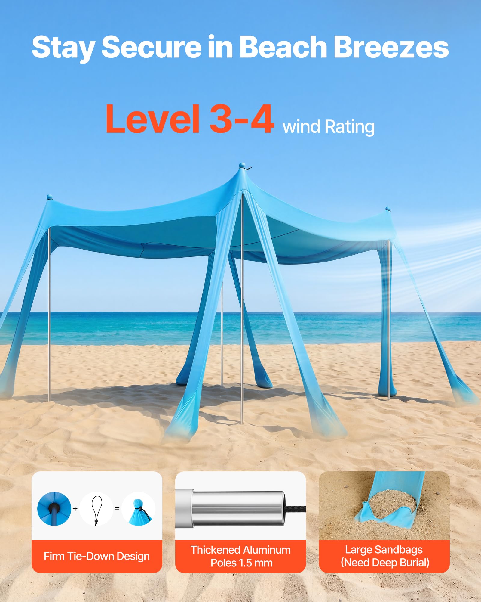 VEVOR Beach Tent Sun Shelter includes sandbags and poles for secure anchoring