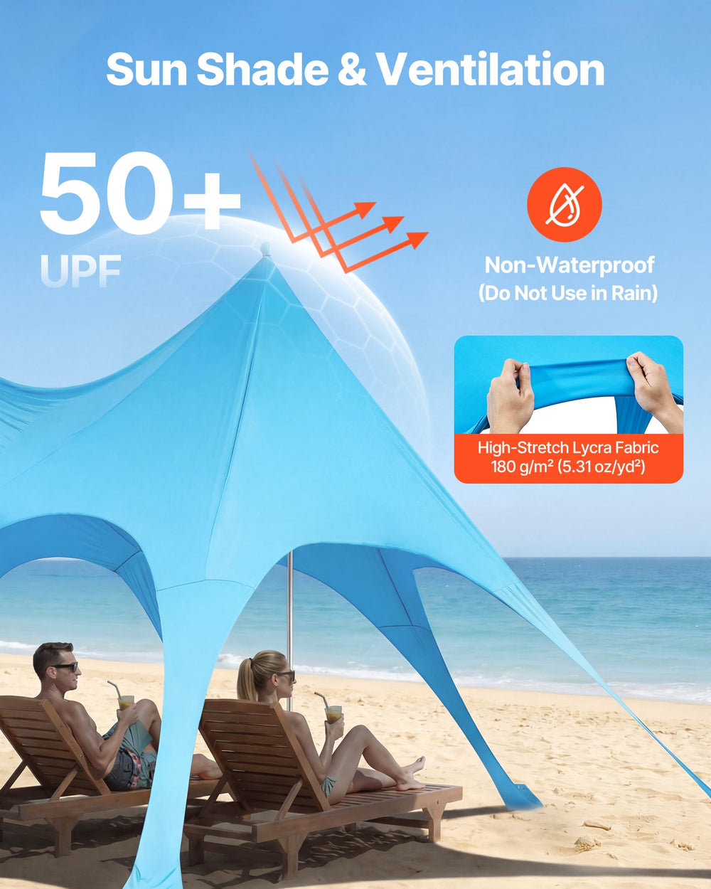 VEVOR Beach Tent fabric offers UPF50+ sun protection for daily use