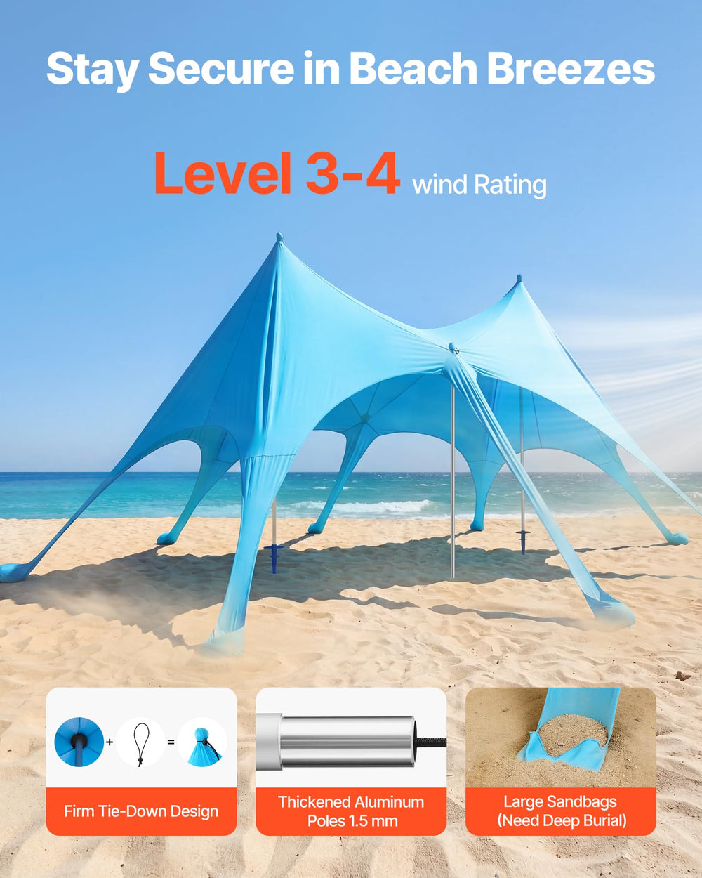 VEVOR Beach Tent with sturdy poles for wind-stable support