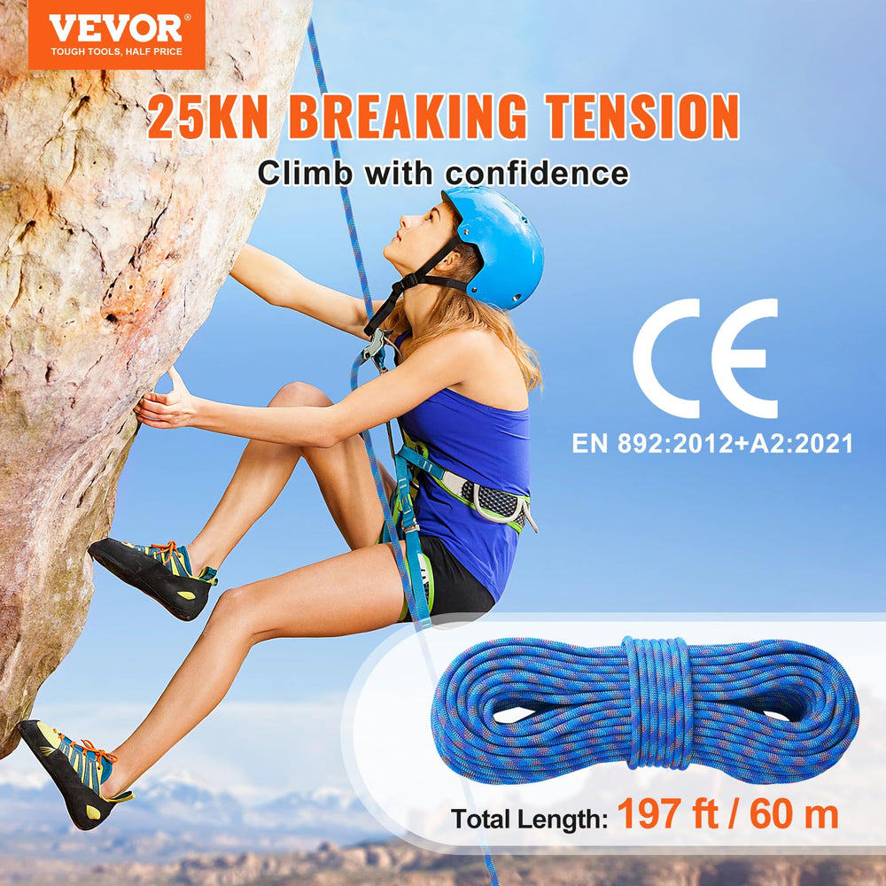 VEVOR blue dynamic climbing rope 60m view highlighting visibility.