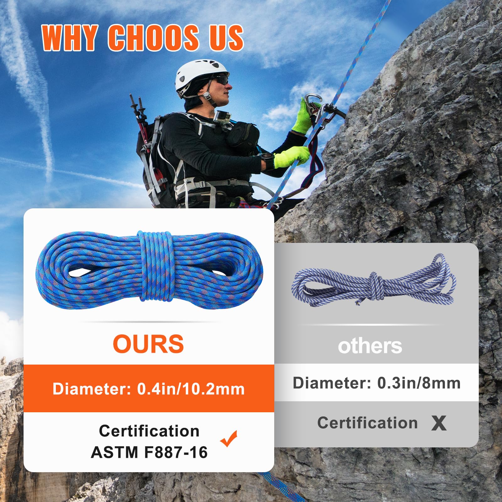 VEVOR blue polyester climbing rope showcases durability for outdoor use.