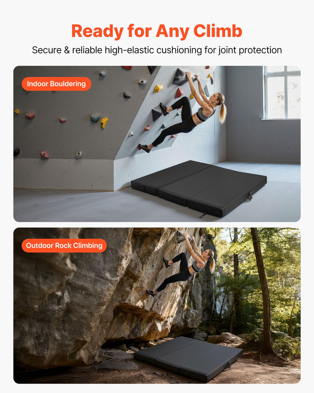 VEVOR bouldering crash pad opened flat showing thick cushioning for safe landings