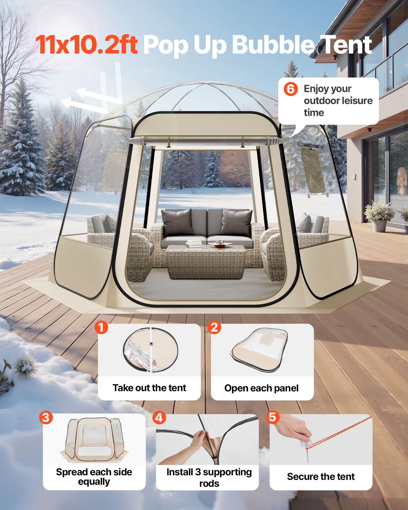 VEVOR bubble tent interior is spacious, fitting 8–10 people comfortably.